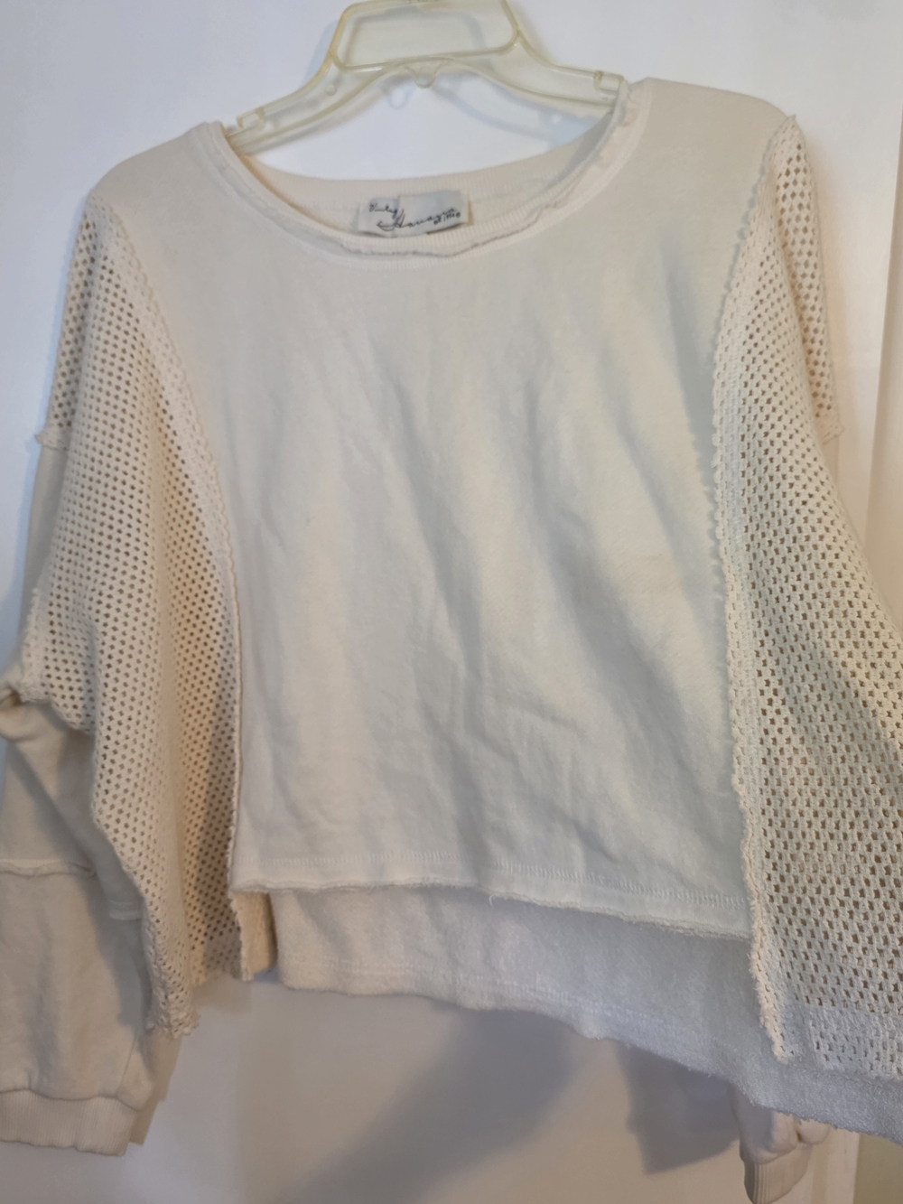 Vintage Havana Cream Cropped Patchwork Mesh Boxy Sweatshirt Boho 100% Cotton EUC